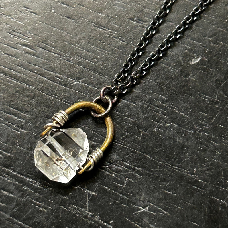 NEW! Tiny Taliswoman Raw Herkimer Diamond with Brass Bail + Sterling Silver chain