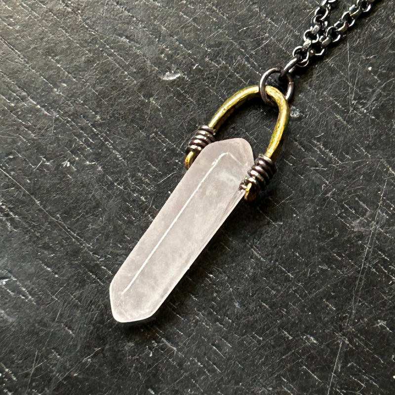 NEW! TINY Taliswoman Double-pointed ROSE QUARTZ Necklace: Brass BAIL / Sterling Silver chain