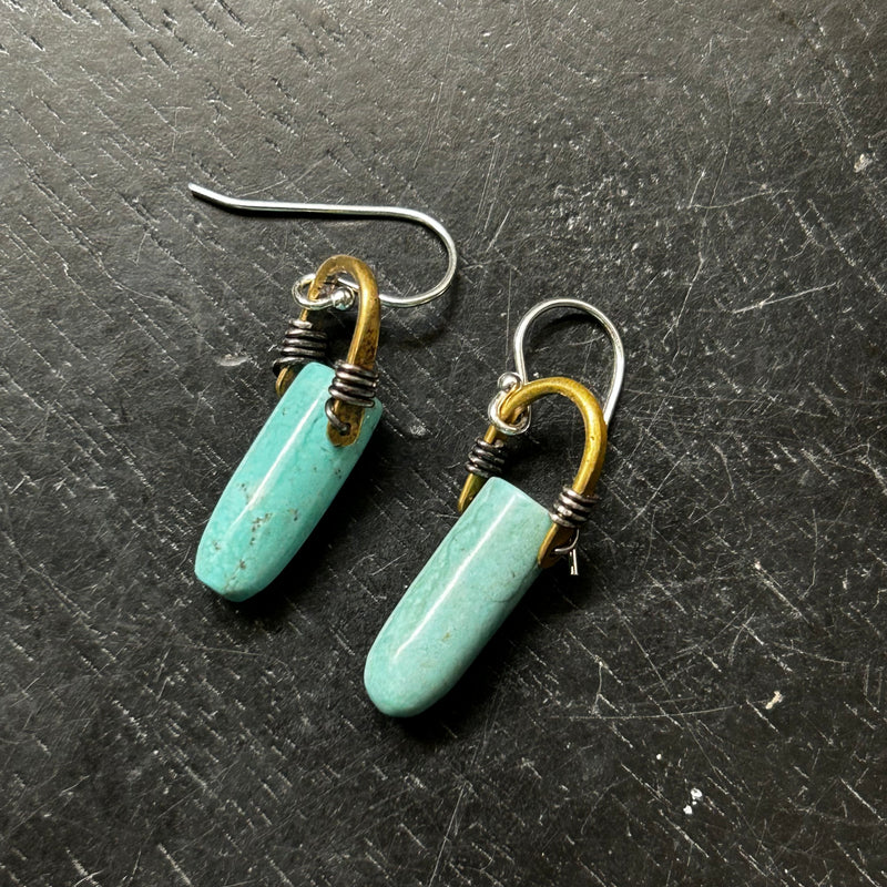 NEW! TINY Taliswoman Raw Turquoise "Bullet" Earrings: Brass bail/ Sterling Silver Earwires
