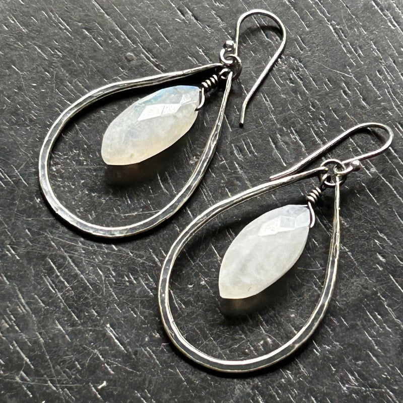 LIMITED BATCH! INCREDIBLE FACETED OVALOID MOONSTONES in SMALL SILVER Teardrop Hoops