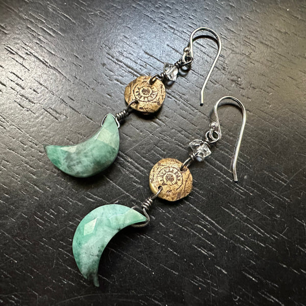 Emerald Moon Earrings with Tiny Herkimer Diamonds