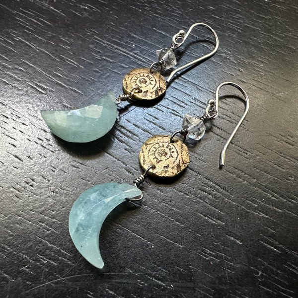 Aquamarine Moon Earrings with Tiny Herkimer Diamonds