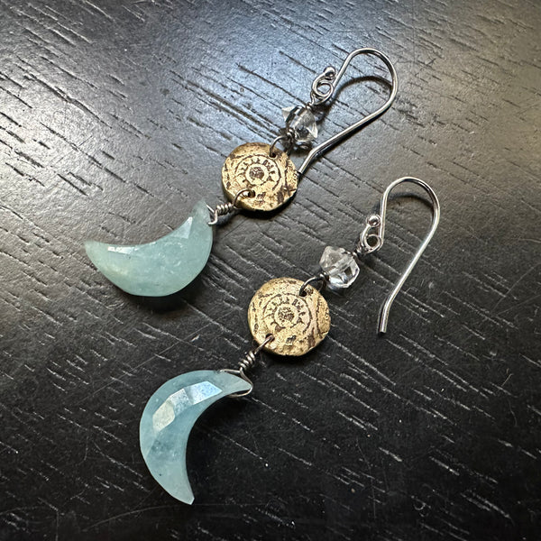 Aquamarine Moon Earrings with Tiny Herkimer Diamonds