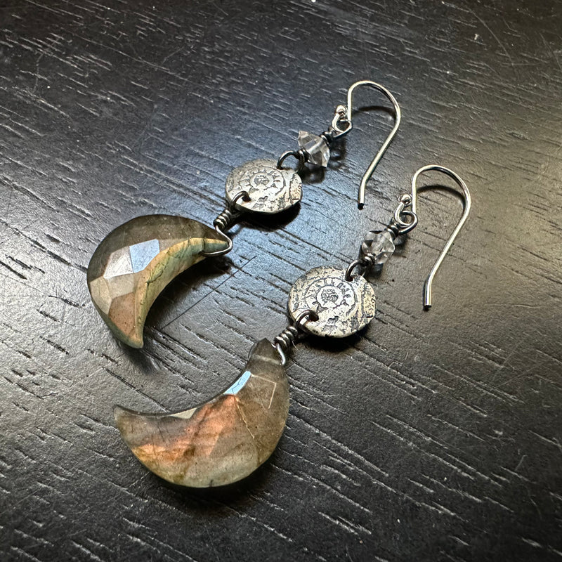 Labradorite Moon Earrings with Tiny Herkimer Diamonds