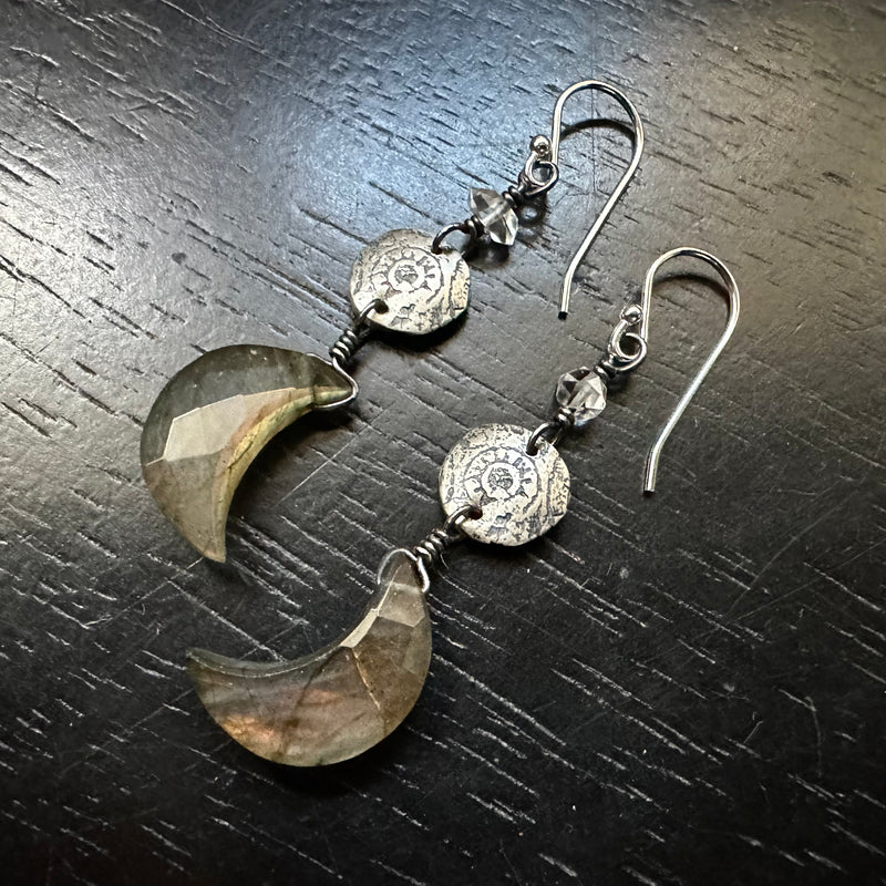 Labradorite Moon Earrings with Tiny Herkimer Diamonds