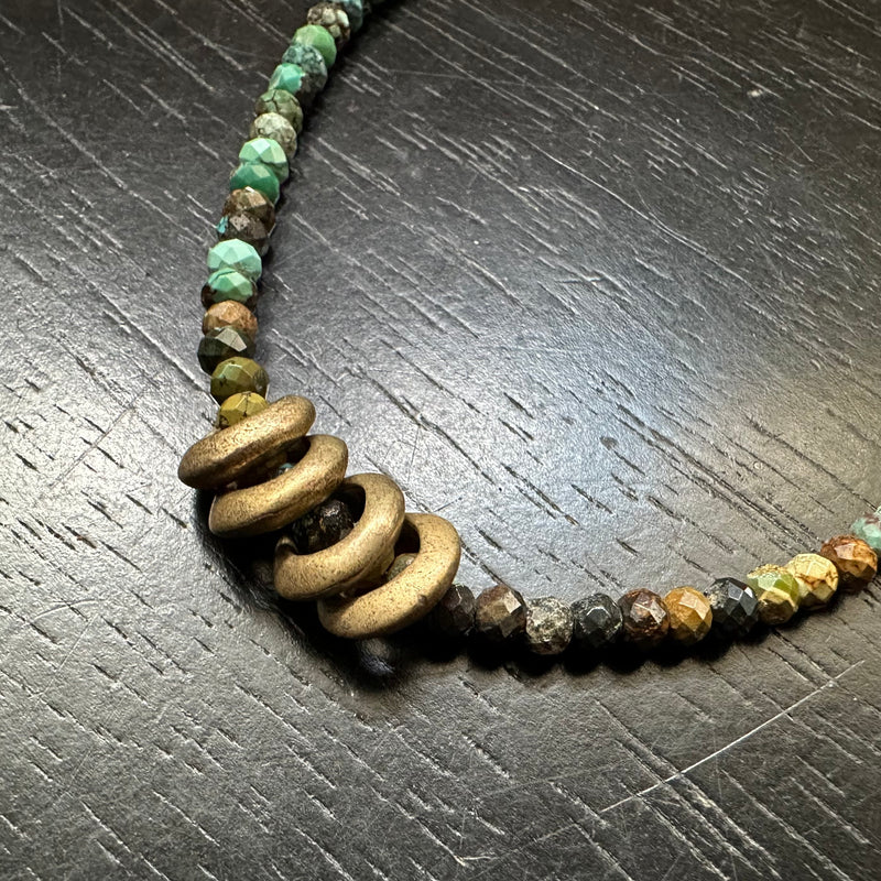 Single Brass Saucer Bead on Dragonskin Turquoise Strand