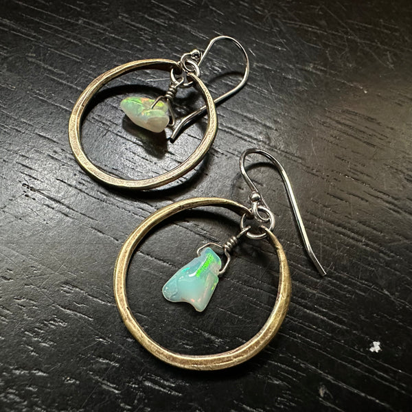 NEW! #5 Tiny Brass Hoops with Raw Drip Opals OOAK #5