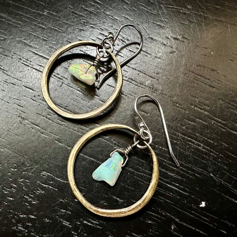 NEW! #5 Tiny Brass Hoops with Raw Drip Opals OOAK #5