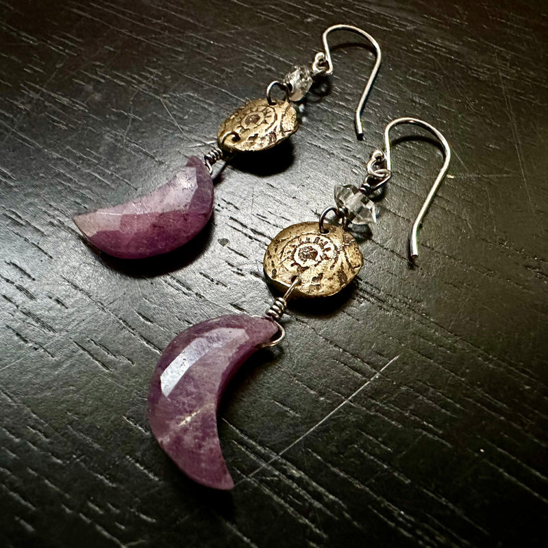 Ancient Sun Brass Earrings with Faceted, LIGHT Amethyst Crescent Moons