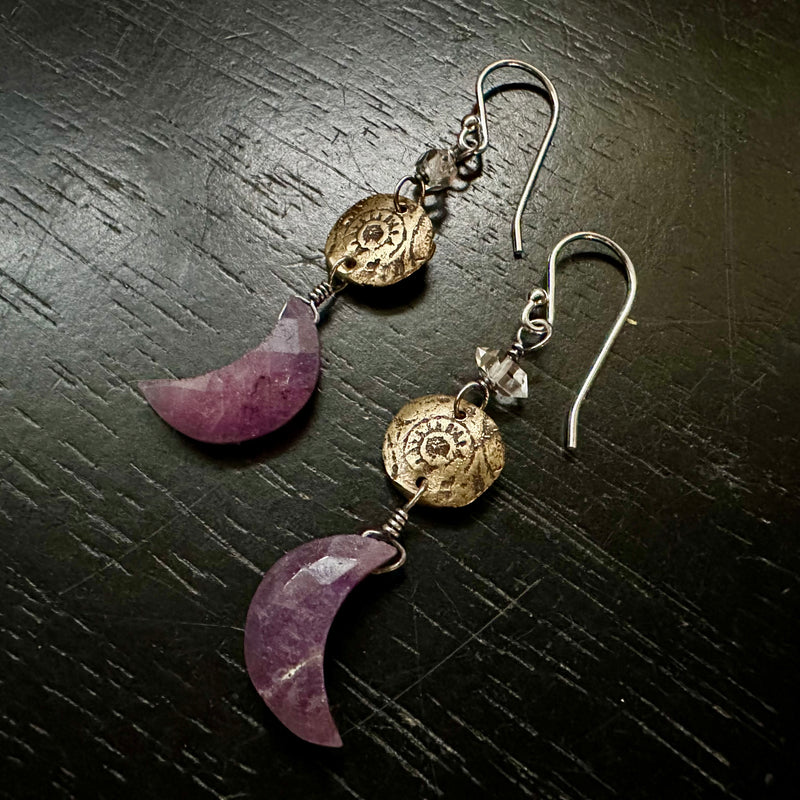 Ancient Sun Brass Earrings with Faceted, LIGHT Amethyst Crescent Moons