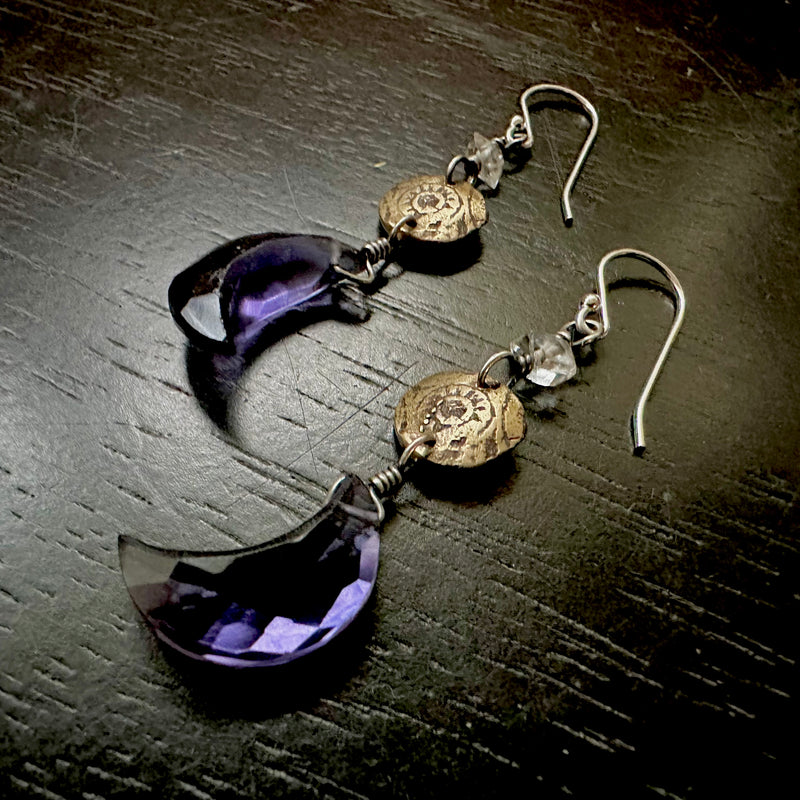 Ancient Sun Brass Earrings with Faceted, DEEP PURPLE Amethyst Crescent Moons (Copy)