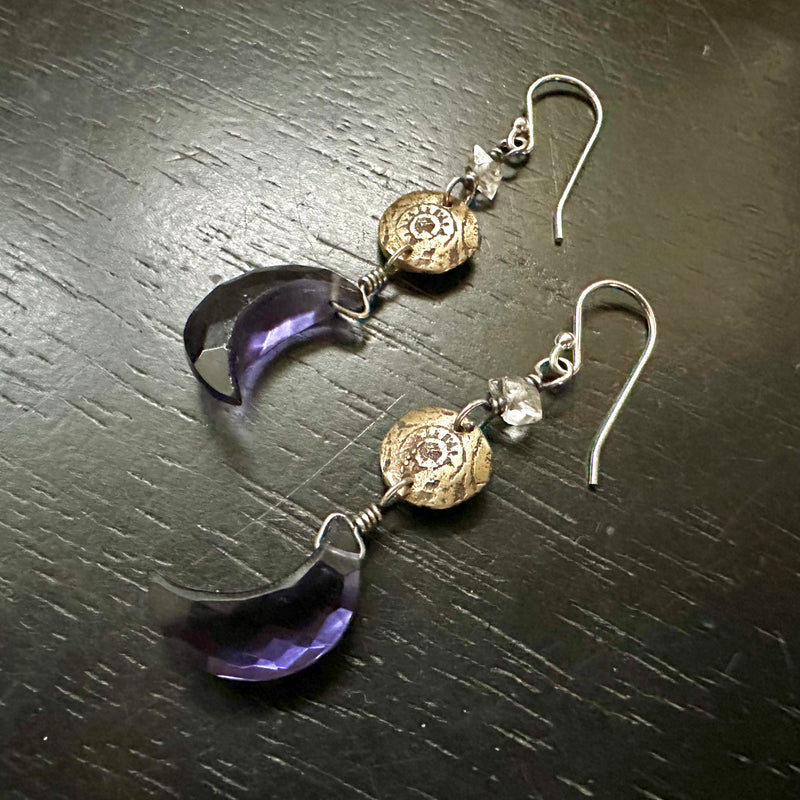 Ancient Sun Brass Earrings with Faceted, DEEP PURPLE Amethyst Crescent Moons (Copy)