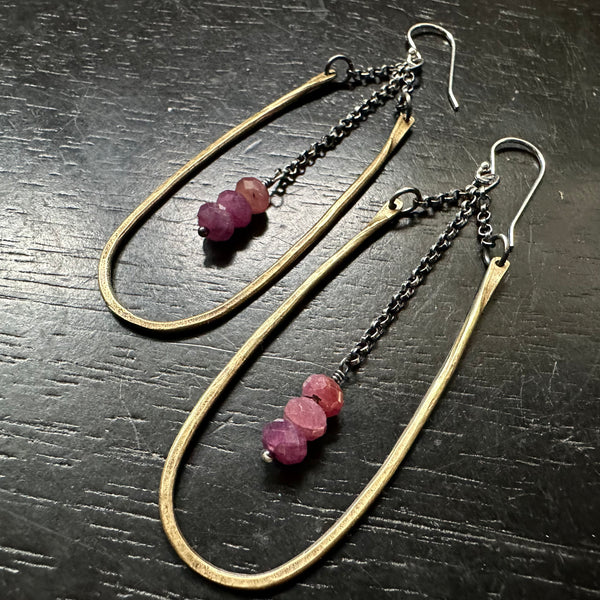 HESTIA EARRINGS: MEDIUM BRASS with RUBY (JULY BIRTHSTONE) Faceted Crystals!