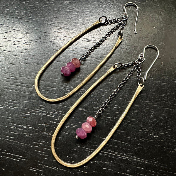 HESTIA EARRINGS: MEDIUM BRASS with RUBY (JULY BIRTHSTONE) Faceted Crystals!
