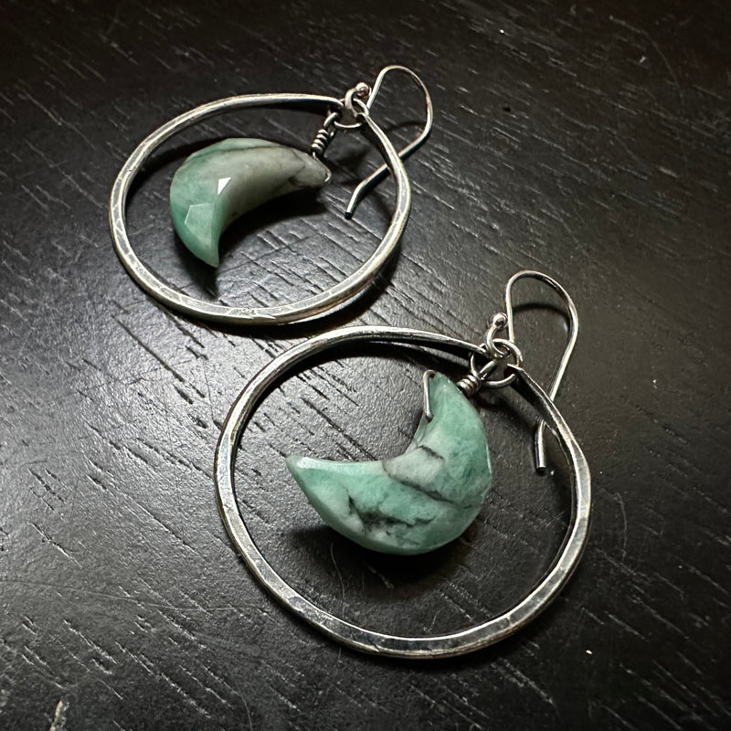 #1 Emerald Crescent Moon Earrings in Small Silver Hoops OOAK #1