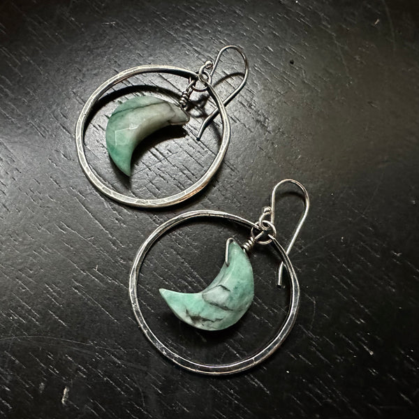 #1 Emerald Crescent Moon Earrings in Small Silver Hoops OOAK #1