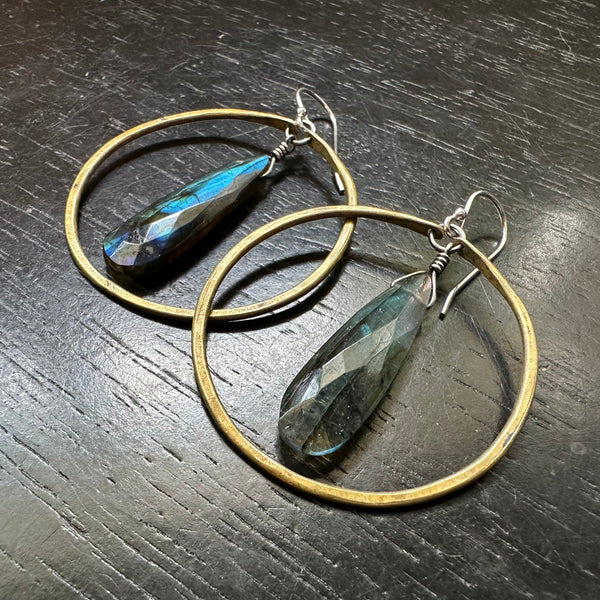 Bookmatched Faceted Labradorite Teardrops within Medium Brass Hoops!