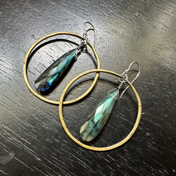 Bookmatched Faceted Labradorite Teardrops within Medium Brass Hoops!