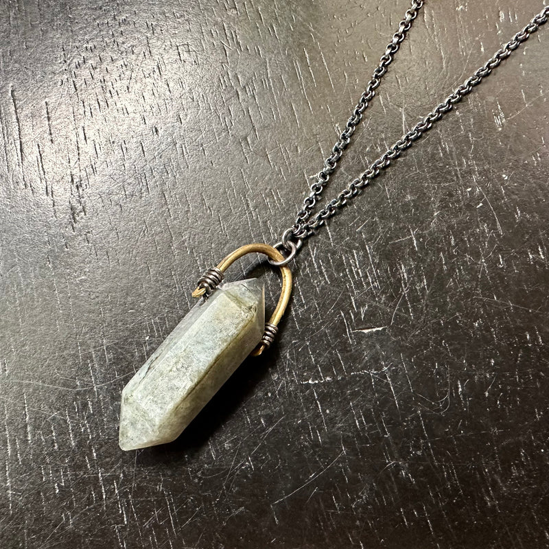 Medium Labradorite Double-Point Faceted TALISWOMAN, Brass Bail, Silver Necklace