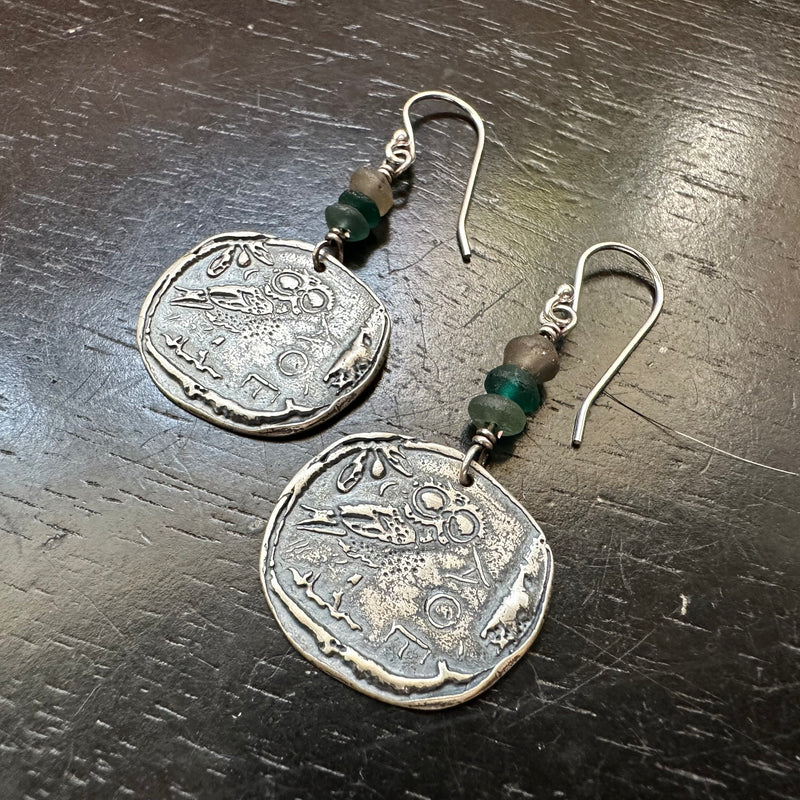 Ancient Athena's Owl Silver Coin Earrings with Roman Glass Beads