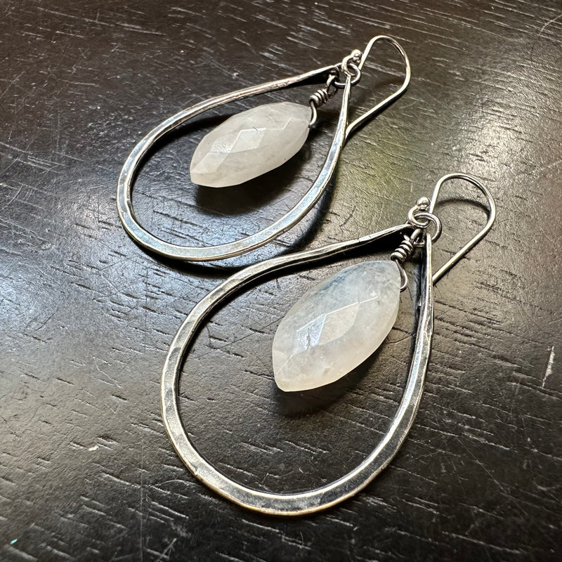 LIMITED BATCH! INCREDIBLE FACETED OVALOID MOONSTONES in SMALL SILVER Teardrop Hoops