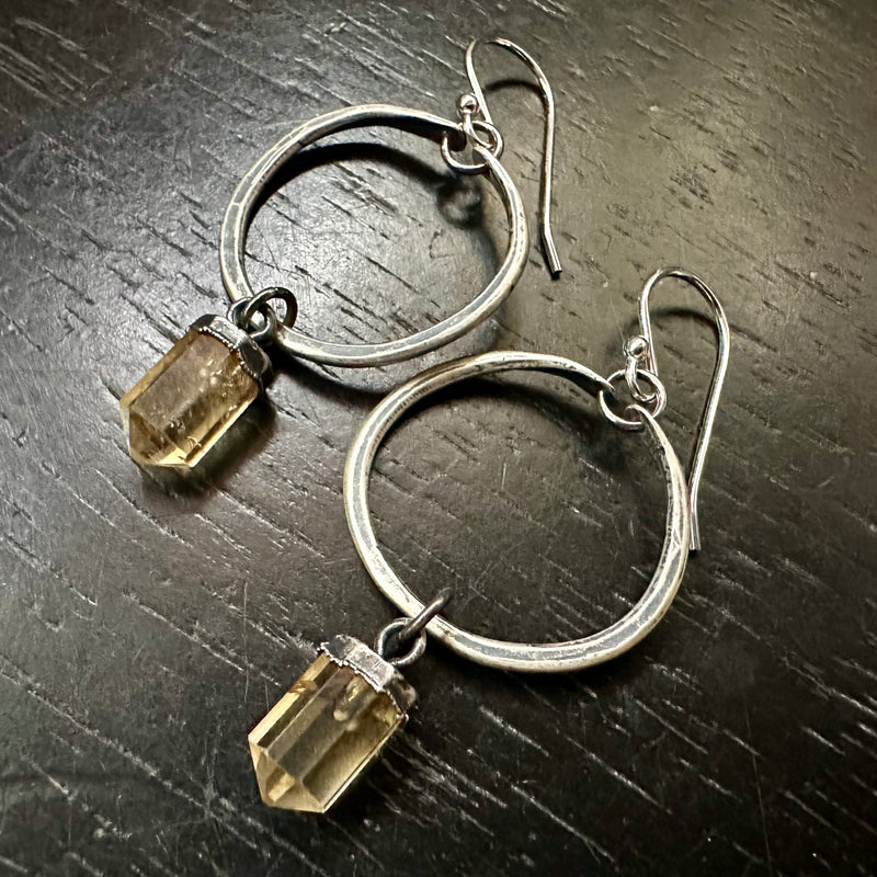 #1 Faceted Double-Pointed Citrines, Tiny Sterling Silver Dangle Earrings OOAK #1