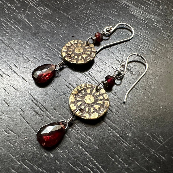 Orijen's Tiny Brass Floral/Sun Medallions with GARNETS!