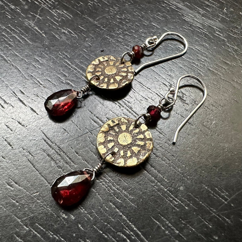 Orijen's Tiny Brass Floral/Sun Medallions with GARNETS!