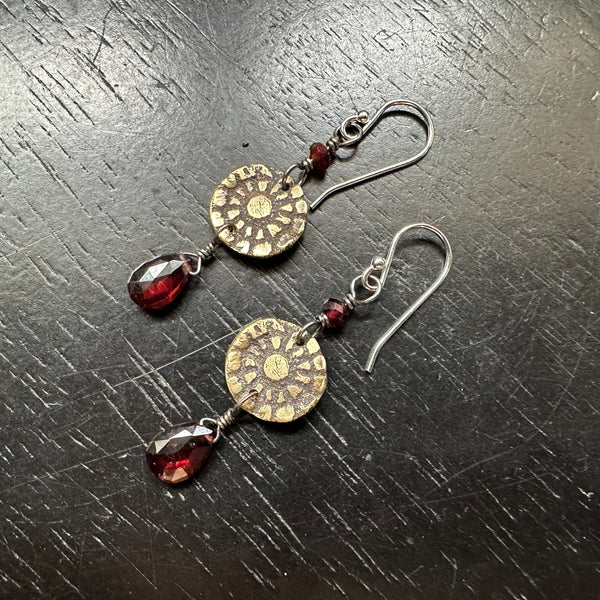 Orijen's Tiny Brass Floral/Sun Medallions with GARNETS!