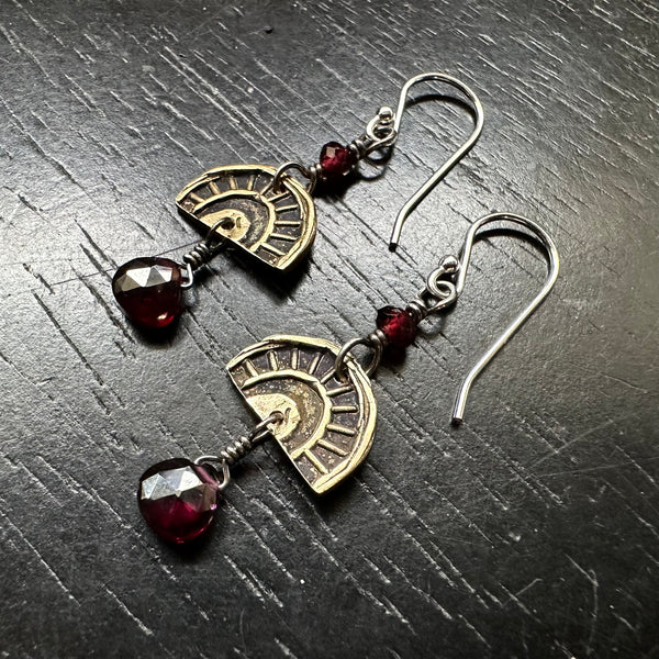 Tiny Brass Sun-Bow Medallions with GARNETS!