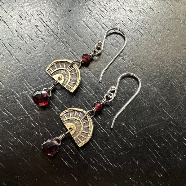 Tiny Brass Sun-Bow Medallions with GARNETS!