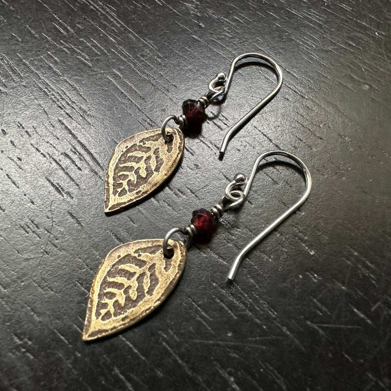 Tiny Brass Leaves with GARNETS!