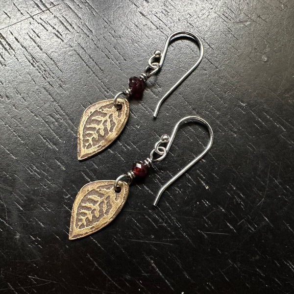 Tiny Brass Leaves with GARNETS!