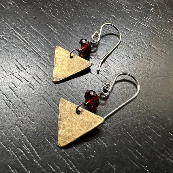 Tiny Brass Triangle Earrings with Garnets