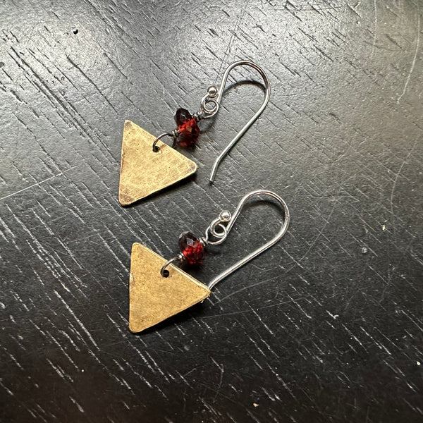 Tiny Brass Triangle Earrings with Garnets