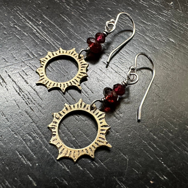 Brass Mini Eclipse Earrings with Garnets