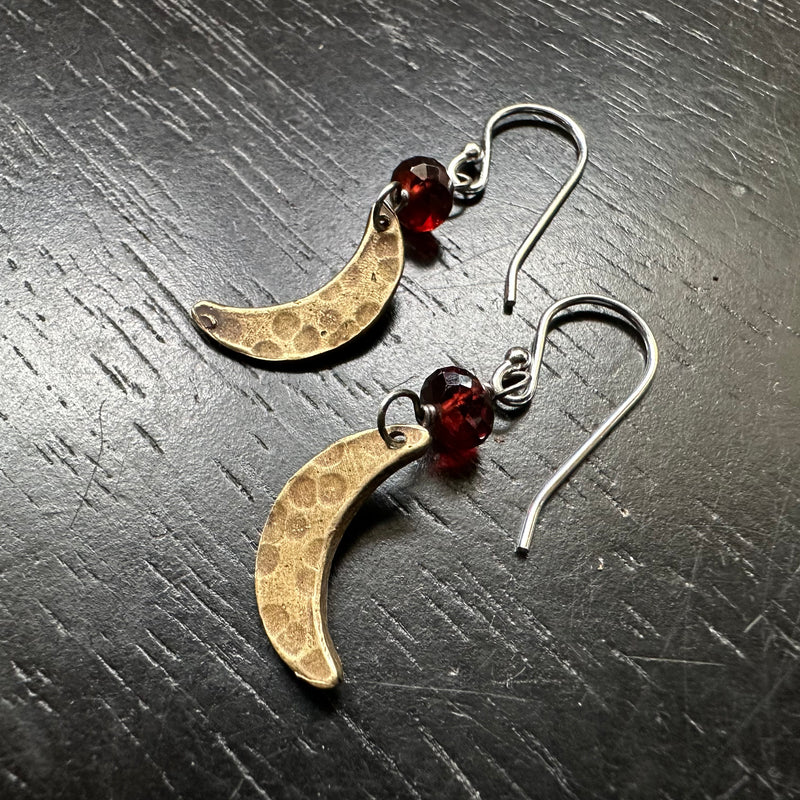 TINY Brass Moon Earrings with Garnet