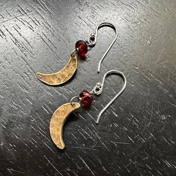 TINY Brass Moon Earrings with Garnet