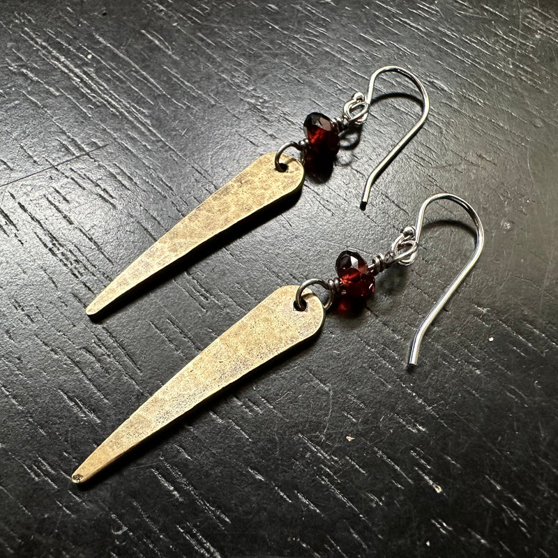 Brass Spear Earrings with Garnets