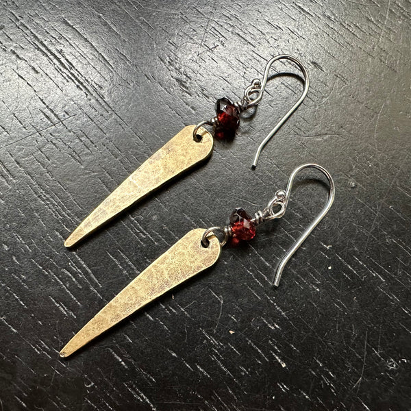 Brass Spear Earrings with Garnets