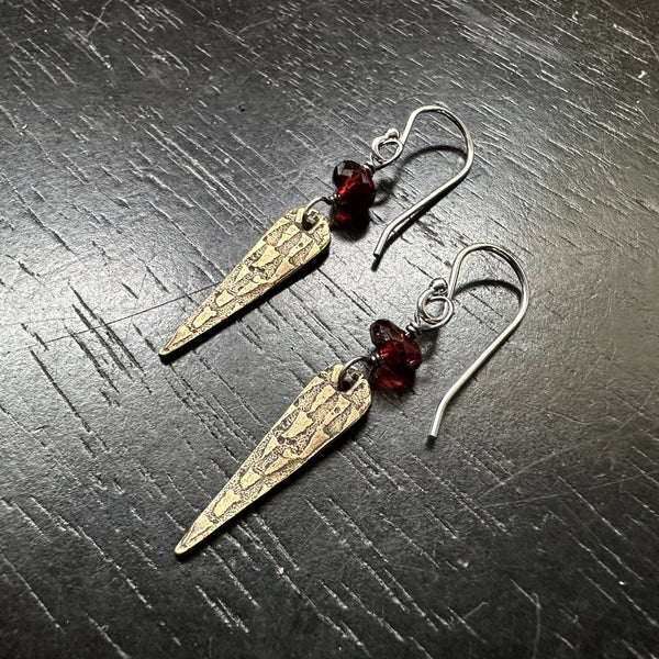 Tiny Garnet Brass Spear Earrings