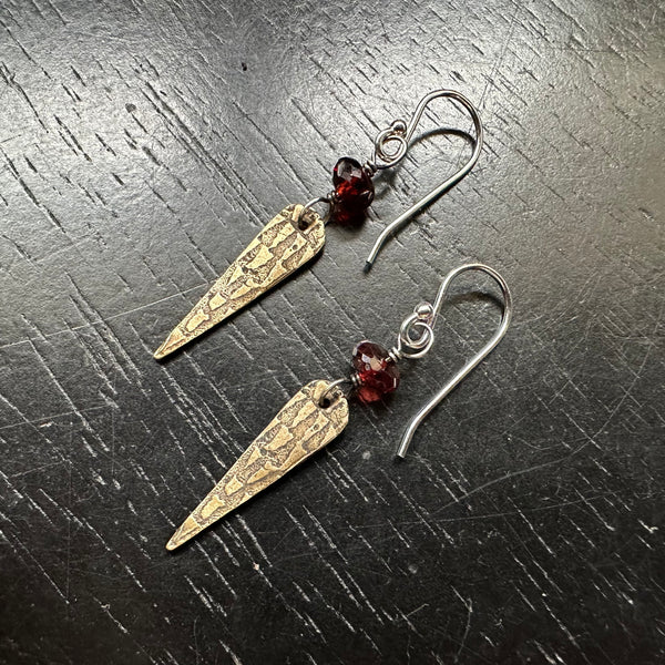 Tiny Garnet Brass Spear Earrings