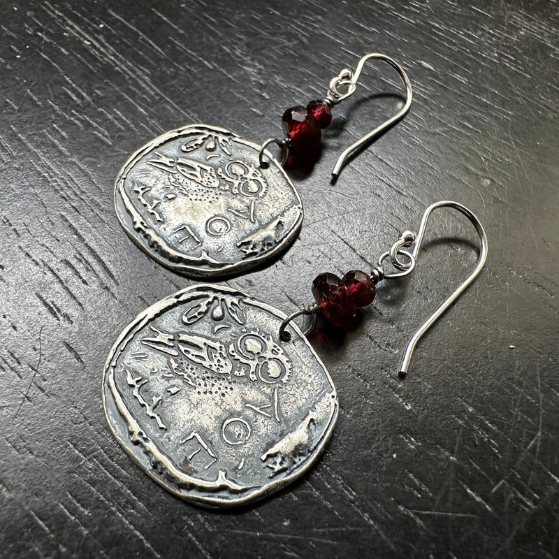 Ancient Athena's Owl Silver Coin Earrings with GARNETS!