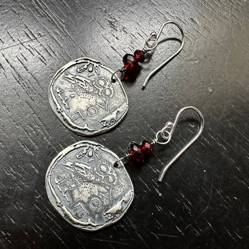 Ancient Athena's Owl Silver Coin Earrings with GARNETS!