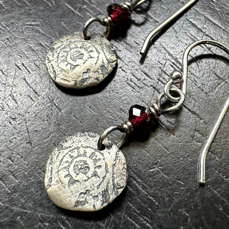 Tiny Silver "Rage against the dying of the Light" Sun earrings with GARNETS!