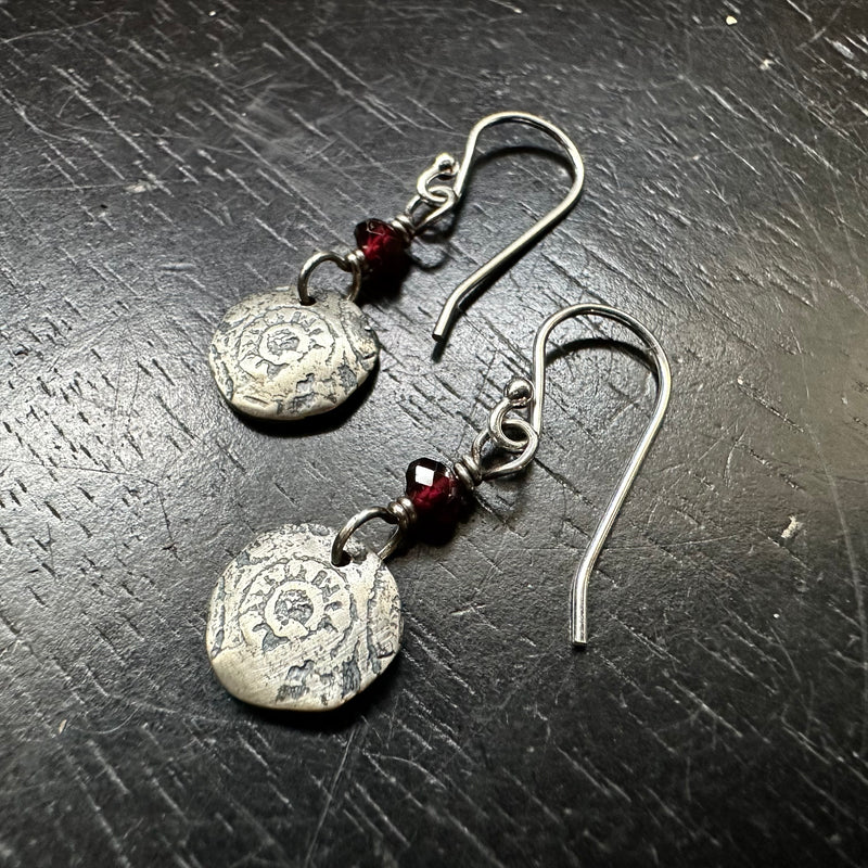 Tiny Silver "Rage against the dying of the Light" Sun earrings with GARNETS!