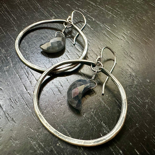 Small Silver Hoop Earrings with Faceted Sapphire Crescent Moons