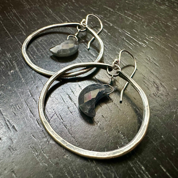 Small Silver Hoop Earrings with Faceted Sapphire Crescent Moons