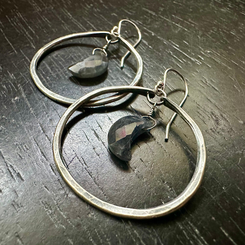 Small Silver Hoop Earrings with Faceted Sapphire Crescent Moons