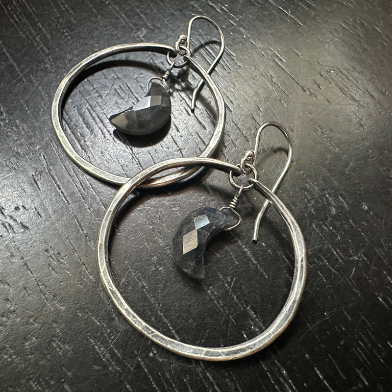 Small Silver Hoop Earrings with Faceted Sapphire Crescent Moons